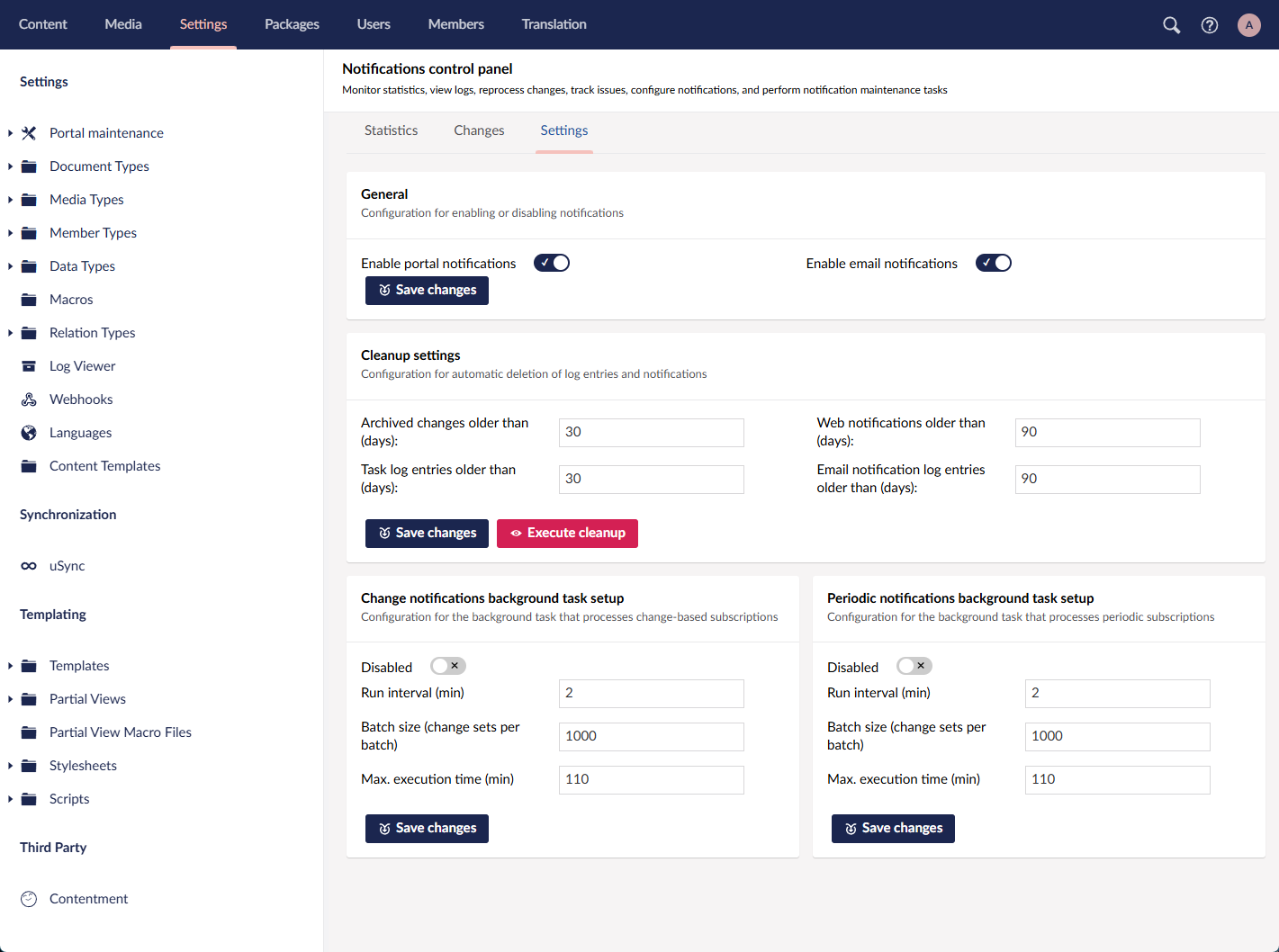 Notifications Control Panel